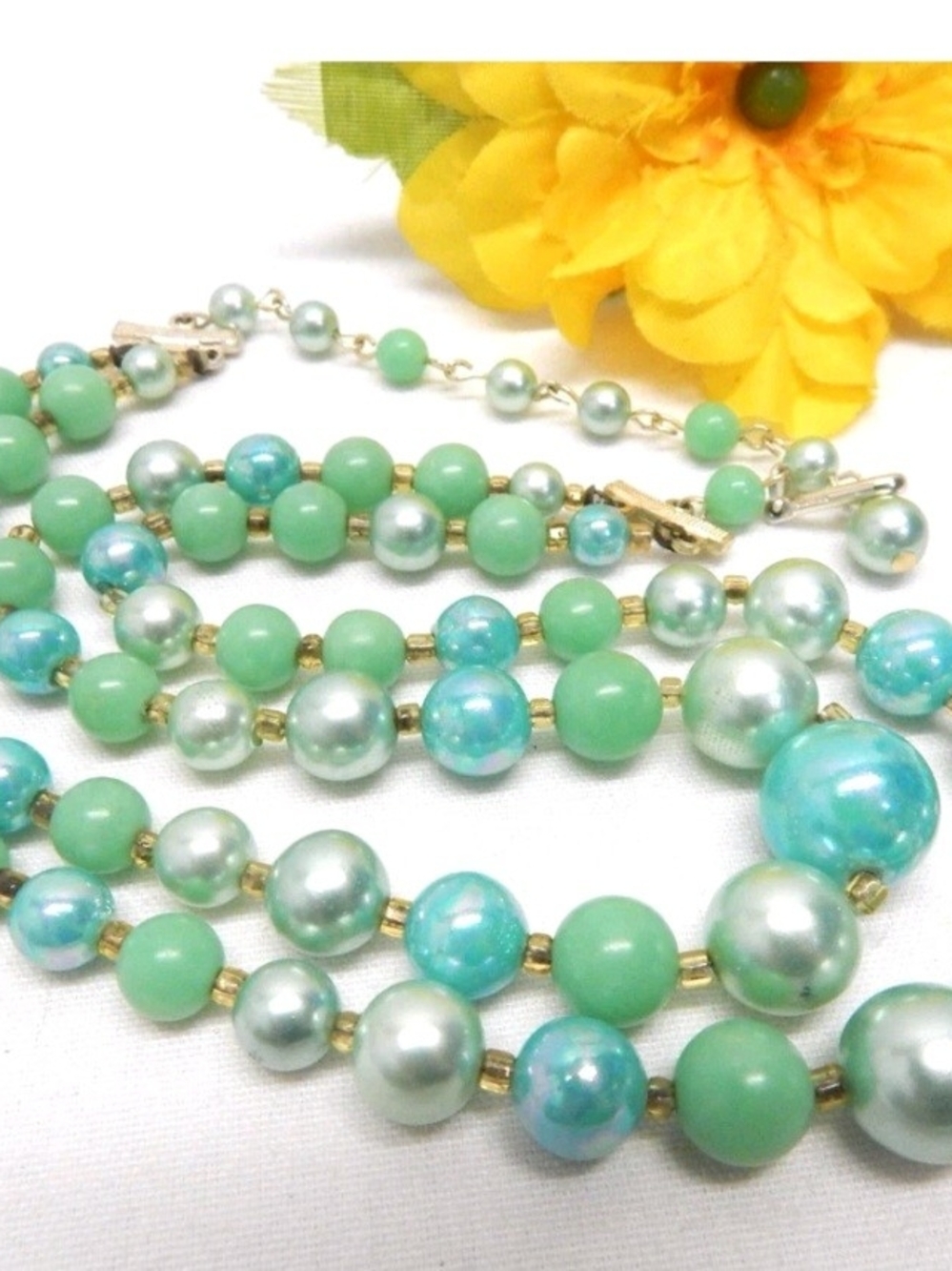 Triple-Strand Mint & Aqua Beaded Necklace for Women